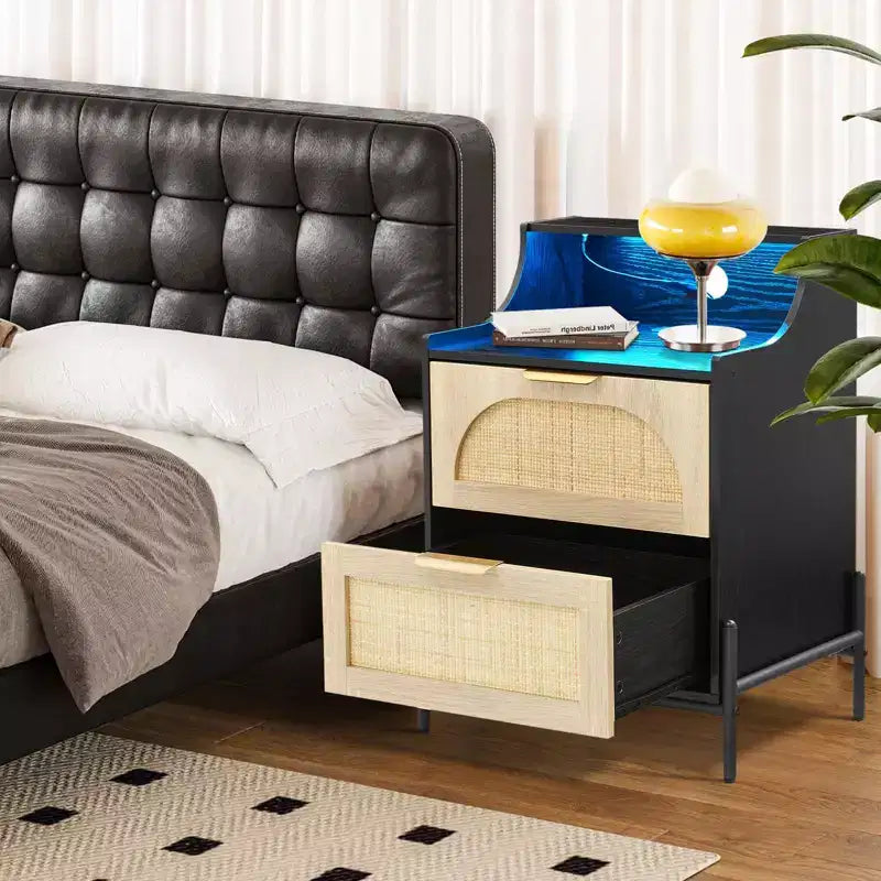2-Drawer Rattan Nightstand w/ Charging Station & LED Lights for Bedroom & Living Room