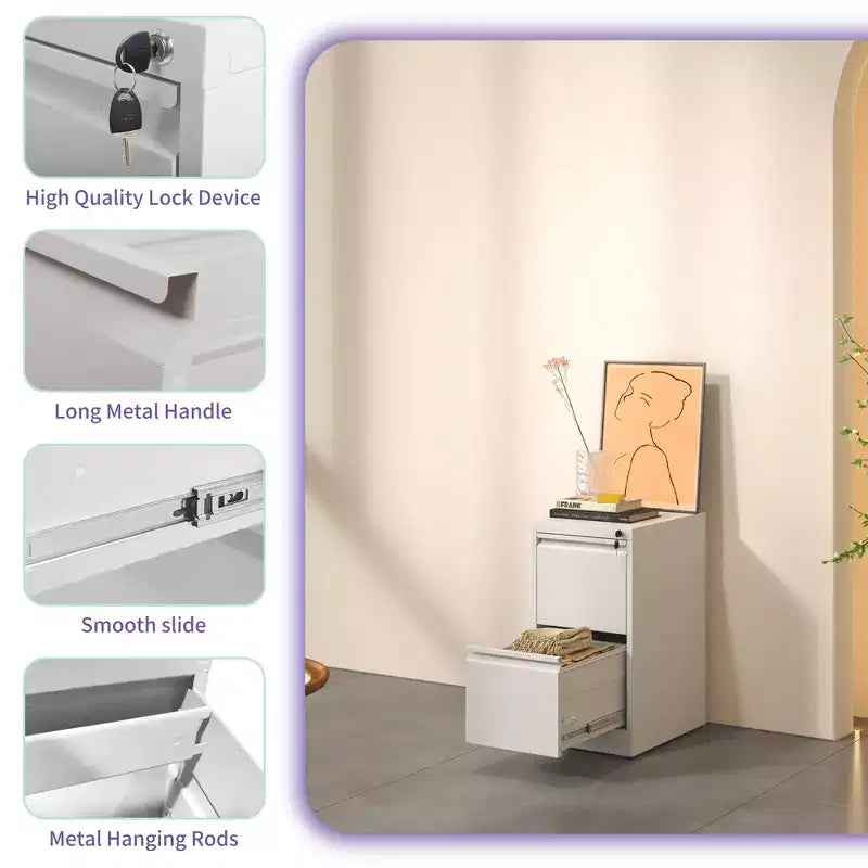 28H 2-Drawer White Metal Vertical File Cabinet with Lock, Steel Filing Cabinet for Home Office, Fits A4/Legal/Letter Size