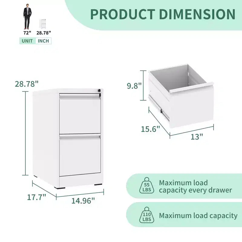 28H 2-Drawer White Metal Vertical File Cabinet with Lock, Steel Filing Cabinet for Home Office, Fits A4/Legal/Letter Size
