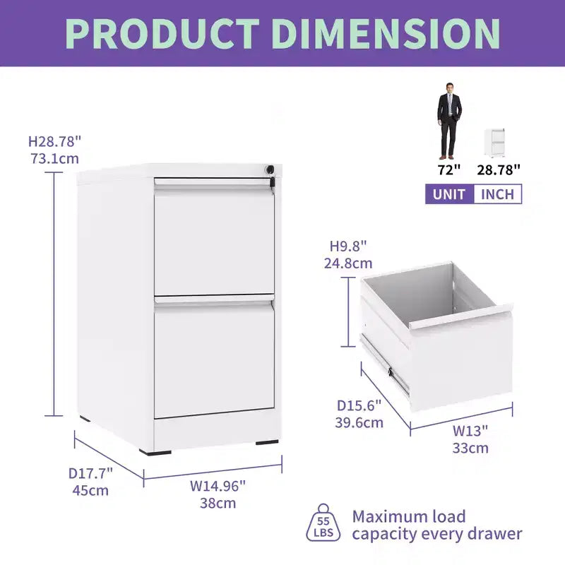 28H 2-Drawer White Metal Vertical File Cabinet with Lock, Steel Filing Cabinet for Home Office, Fits A4/Legal/Letter Size