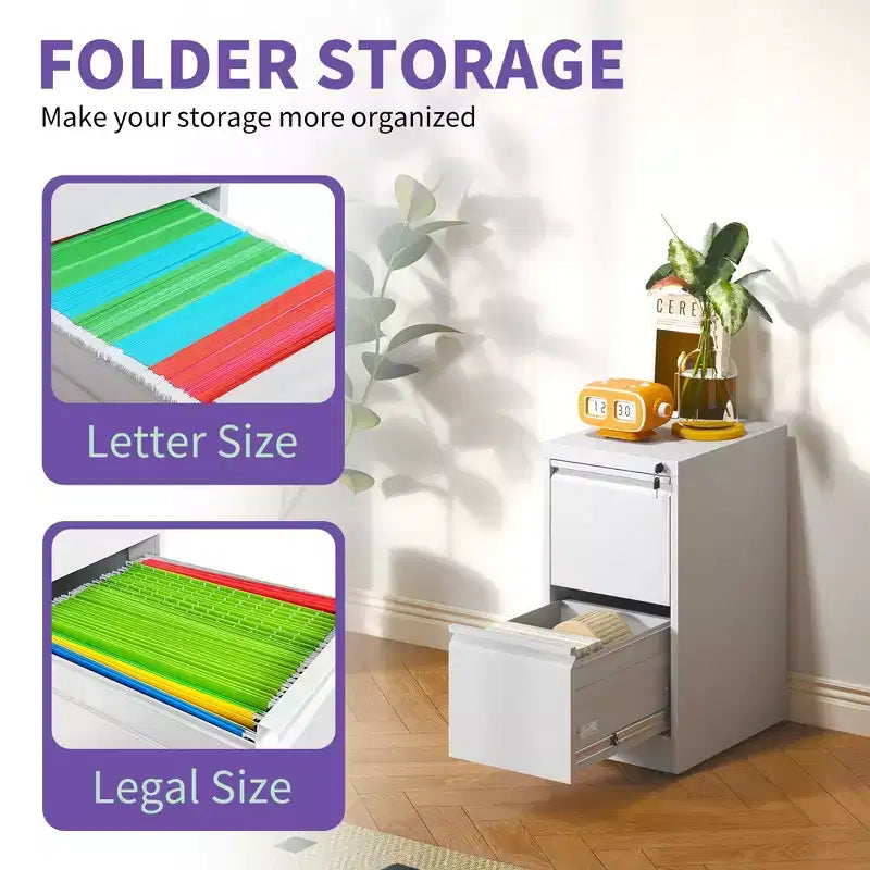 28H 2-Drawer White Metal Vertical File Cabinet with Lock, Steel Filing Cabinet for Home Office, Fits A4/Legal/Letter Size