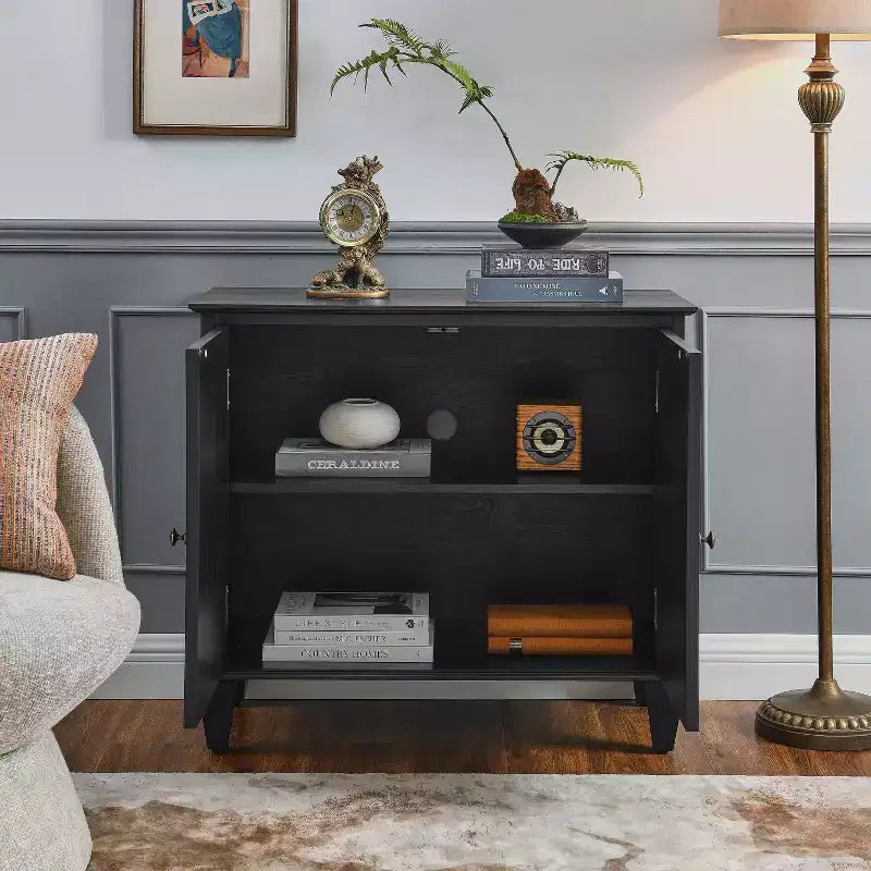 Buffet Server Cabinet,Cabinet with Symmetrical Geometric Accent,Adjustable Shelf,Brass Handles,Console Table for Living Room,Kitchen,Black