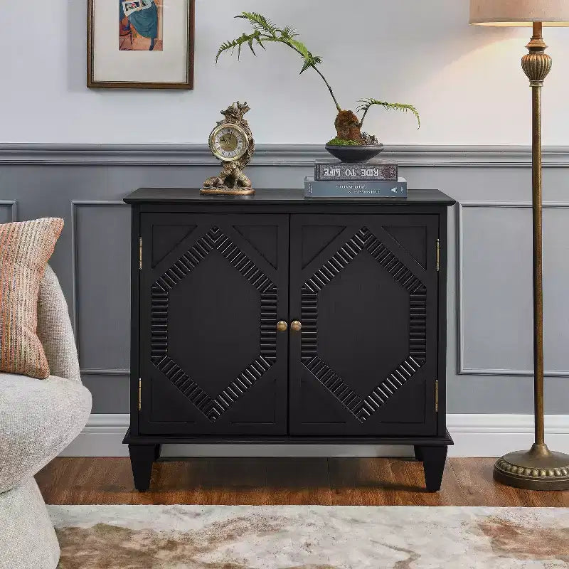 Buffet Server Cabinet,Cabinet with Symmetrical Geometric Accent,Adjustable Shelf,Brass Handles,Console Table for Living Room,Kitchen,Black
