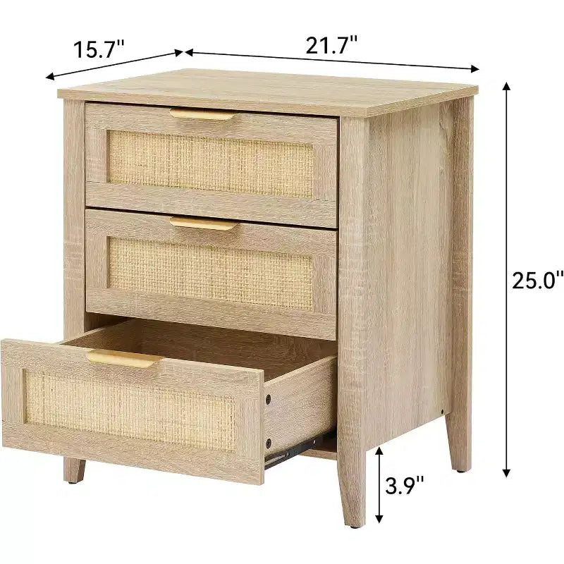 Rattan Nightstand, Boho Nightstand with 3 Natural Rattan Drawers, Bedside Table with Sturdy Wood Legs for Bedroom, Living Room, Natural