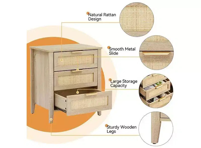 Rattan Nightstand, Boho Nightstand with 3 Natural Rattan Drawers, Bedside Table with Sturdy Wood Legs for Bedroom, Living Room, Natural