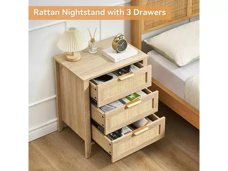 Rattan Nightstand, Boho Nightstand with 3 Natural Rattan Drawers, Bedside Table with Sturdy Wood Legs for Bedroom, Living Room, Natural