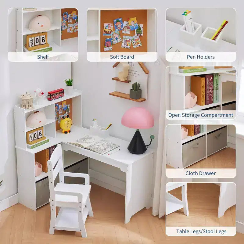 Kids Corner Desk, Desk and Chair Set for Children, L Shape Kids Study Table, Bulletin Board Open Shelves & Storage Cabinets and Cloth Drawers, White