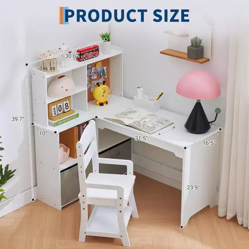 Kids Corner Desk, Desk and Chair Set for Children, L Shape Kids Study Table, Bulletin Board Open Shelves & Storage Cabinets and Cloth Drawers, White