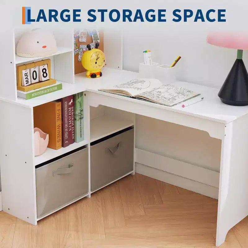 Kids Corner Desk, Desk and Chair Set for Children, L Shape Kids Study Table, Bulletin Board Open Shelves & Storage Cabinets and Cloth Drawers, White