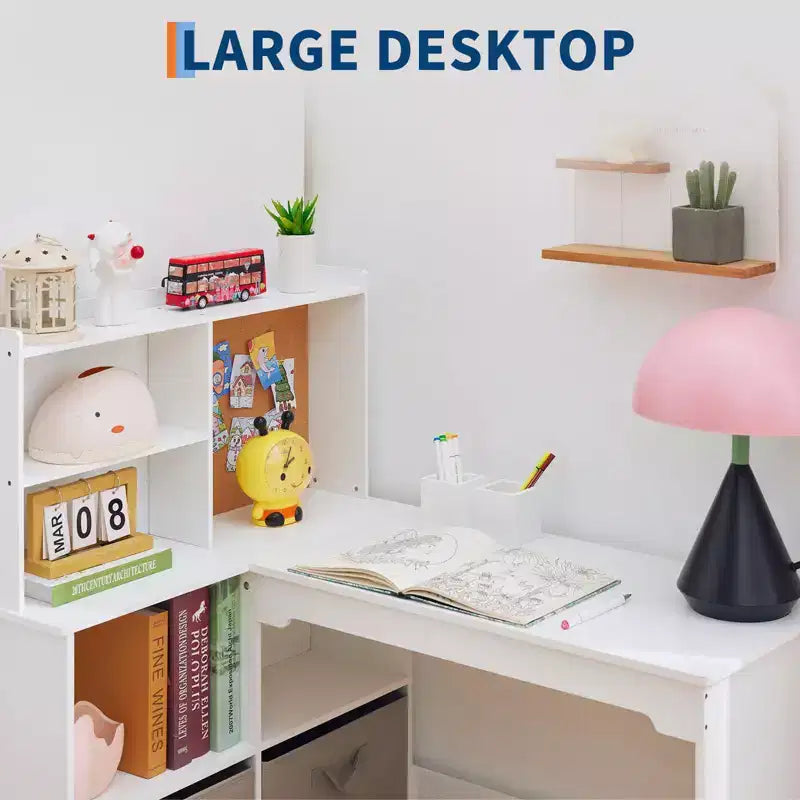 Kids Corner Desk, Desk and Chair Set for Children, L Shape Kids Study Table, Bulletin Board Open Shelves & Storage Cabinets and Cloth Drawers, White