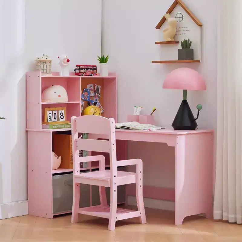 Kids Corner Desk, Desk and Chair Set for Children, L Shape Kids Study Table, Bulletin Board Open Shelves & Storage Cabinets and Cloth Drawers, White