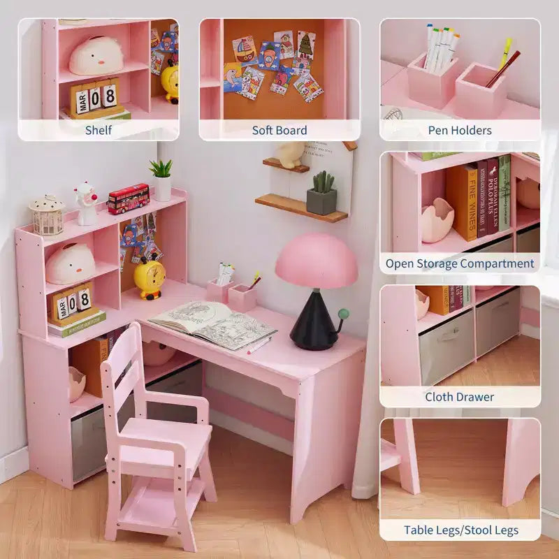 Kids Corner Desk, Desk and Chair Set for Children, L Shape Kids Study Table, Bulletin Board Open Shelves & Storage Cabinets and Cloth Drawers, White