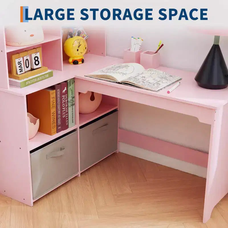 Kids Corner Desk, Desk and Chair Set for Children, L Shape Kids Study Table, Bulletin Board Open Shelves & Storage Cabinets and Cloth Drawers, White
