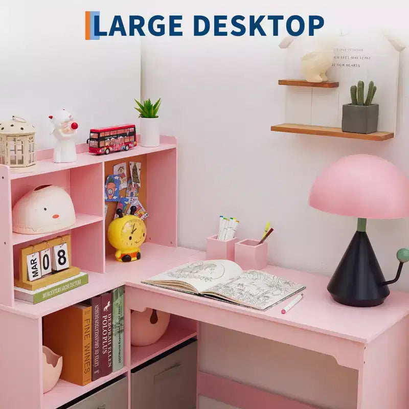 Kids Corner Desk, Desk and Chair Set for Children, L Shape Kids Study Table, Bulletin Board Open Shelves & Storage Cabinets and Cloth Drawers, White
