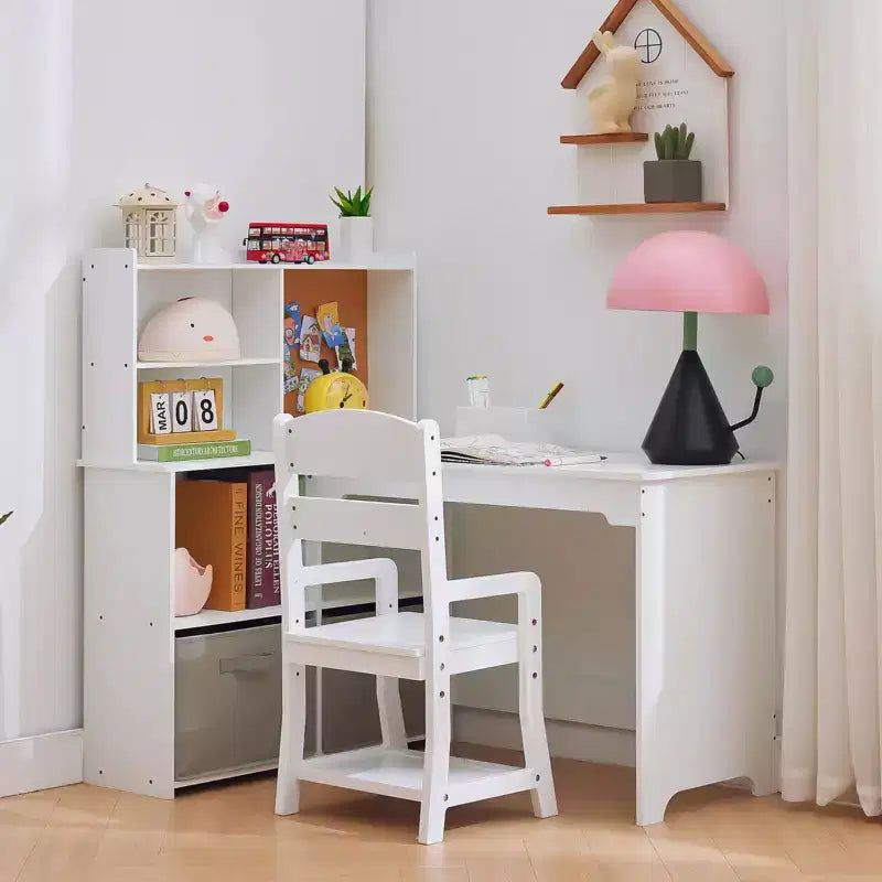 Kids Corner Desk, Desk and Chair Set for Children, L Shape Kids Study Table, Bulletin Board Open Shelves & Storage Cabinets and Cloth Drawers, White