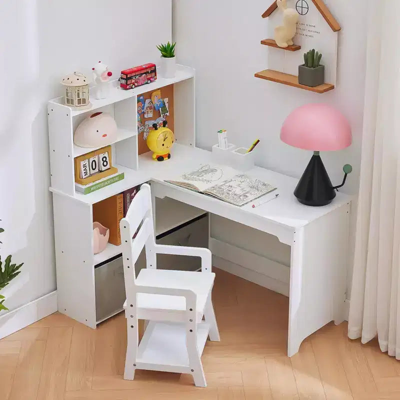 Kids Corner Desk, Desk and Chair Set for Children, L Shape Kids Study Table, Bulletin Board Open Shelves & Storage Cabinets and Cloth Drawers, White