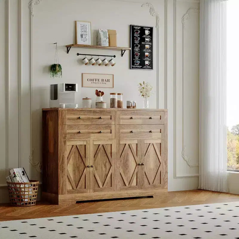 Storage cabinet with 4 drawers and 4 doors, suitable for dining rooms and living rooms