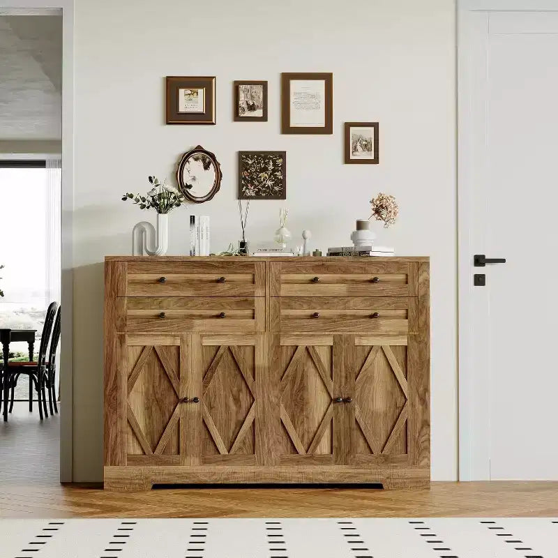 Storage cabinet with 4 drawers and 4 doors, suitable for dining rooms and living rooms