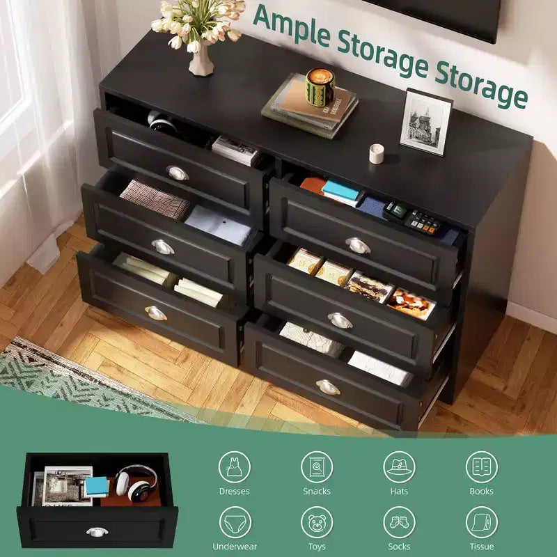 Dresser with 6 Drawer,Dresser for Bedroom Chest of Drawers for Closet, Wood Double Dresser Storage Cabinet for Living Room,Hallway