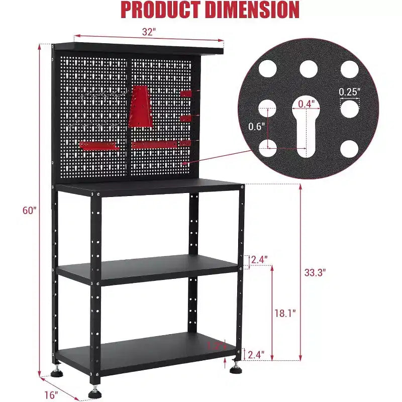 32 Heavy Duty Steel Workbench Space Saving Tool Storage Cabinet with Pegboard, Adjustable Height, Hooks, 2-Tier Shelves, 650 lbs Capacity