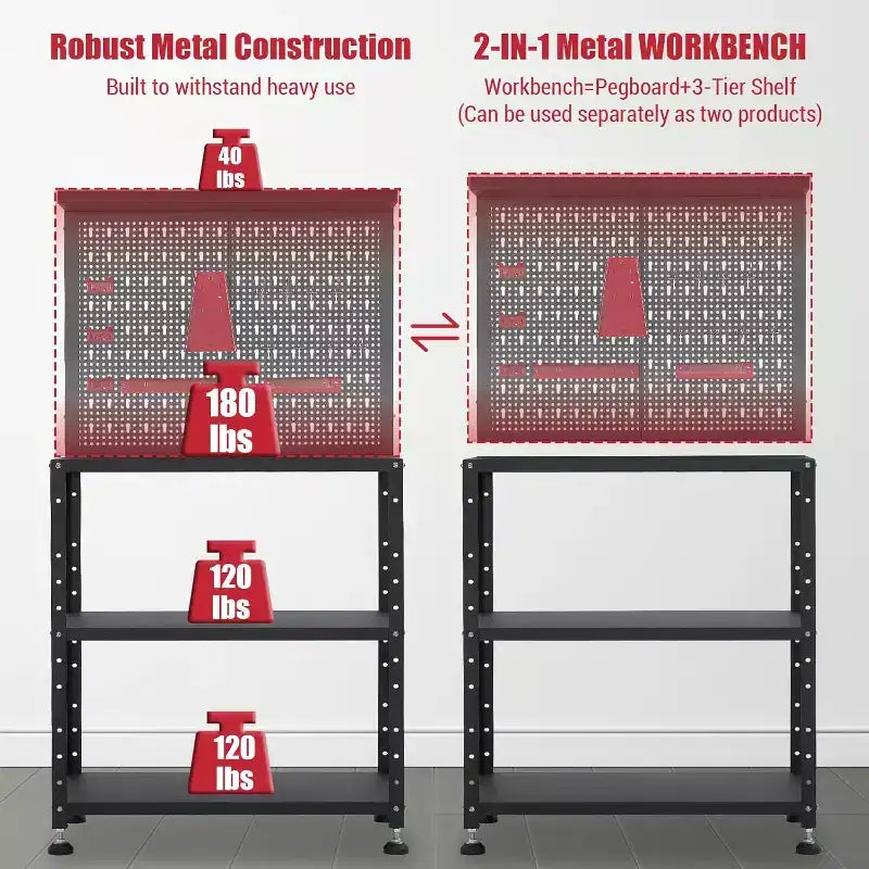 32 Heavy Duty Steel Workbench Space Saving Tool Storage Cabinet with Pegboard, Adjustable Height, Hooks, 2-Tier Shelves, 650 lbs Capacity