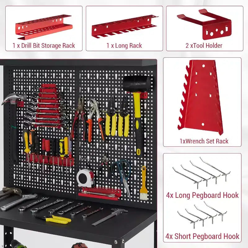 32 Heavy Duty Steel Workbench Space Saving Tool Storage Cabinet with Pegboard, Adjustable Height, Hooks, 2-Tier Shelves, 650 lbs Capacity