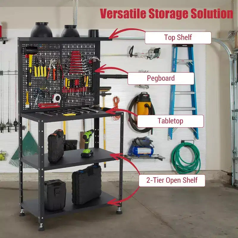 32 Heavy Duty Steel Workbench Space Saving Tool Storage Cabinet with Pegboard, Adjustable Height, Hooks, 2-Tier Shelves, 650 lbs Capacity