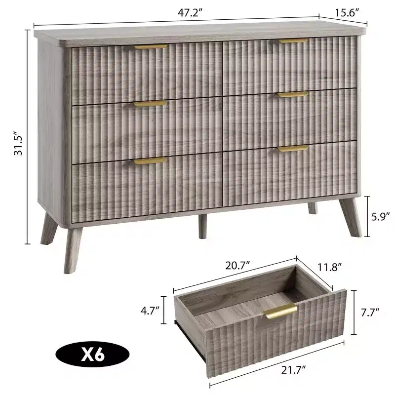 Fluted 6-Drawer Dresser, Wave Design Storage Cabinet with Particle Board and MDF Construction