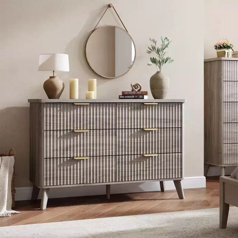 Fluted 6-Drawer Dresser, Wave Design Storage Cabinet with Particle Board and MDF Construction