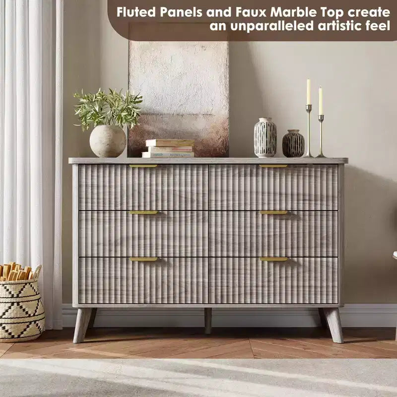 Fluted 6-Drawer Dresser, Wave Design Storage Cabinet with Particle Board and MDF Construction