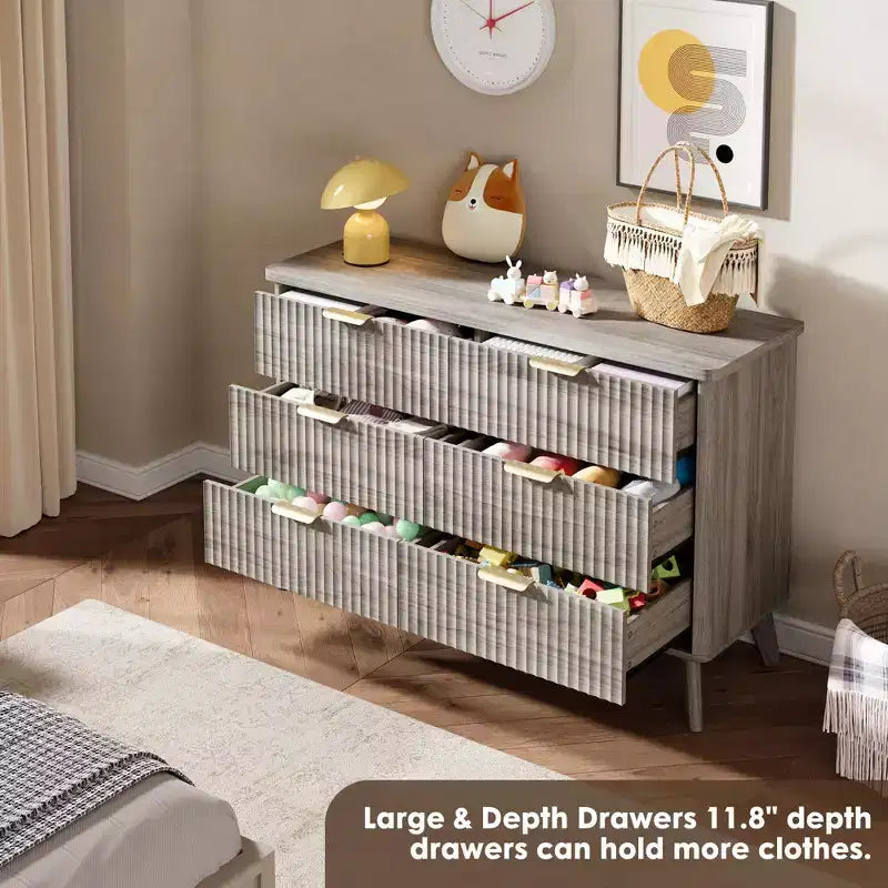 Fluted 6-Drawer Dresser, Wave Design Storage Cabinet with Particle Board and MDF Construction
