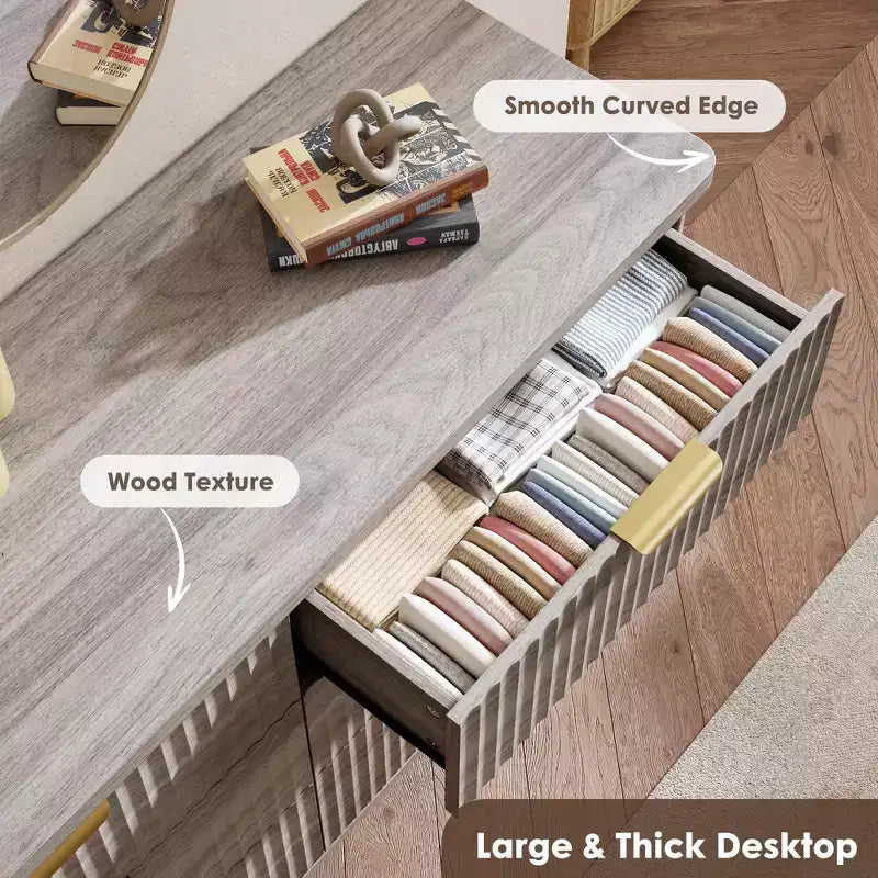 Fluted 6-Drawer Dresser, Wave Design Storage Cabinet with Particle Board and MDF Construction