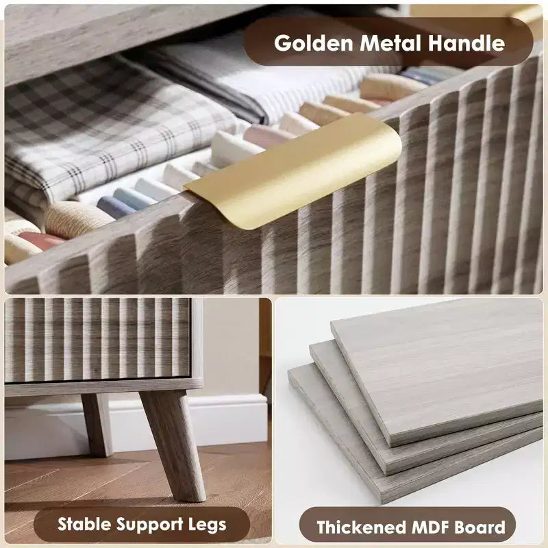 Fluted 6-Drawer Dresser, Wave Design Storage Cabinet with Particle Board and MDF Construction