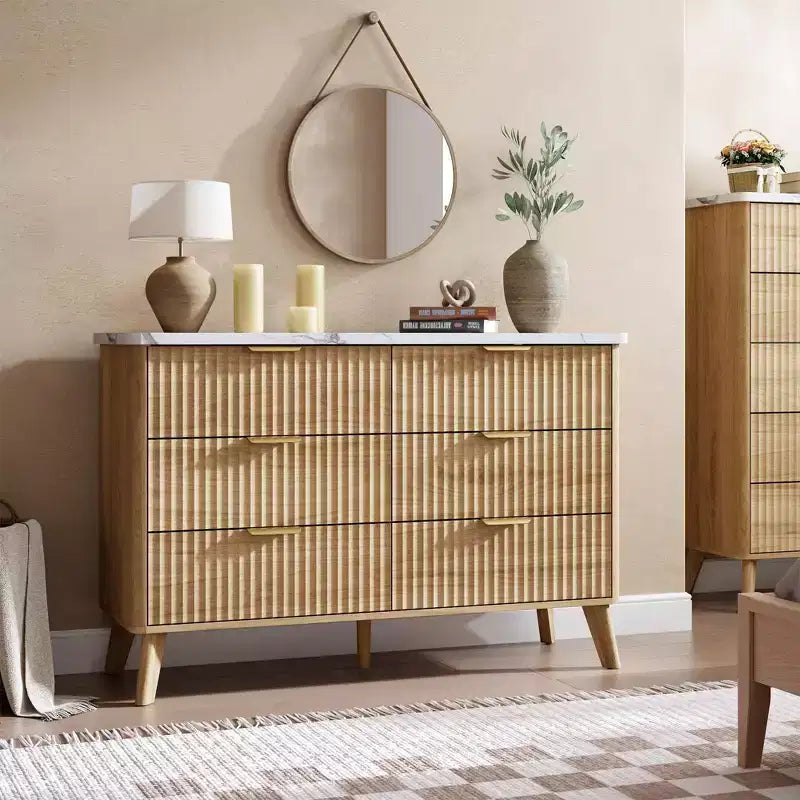 Fluted 6-Drawer Dresser, Wave Design Storage Cabinet with Particle Board and MDF Construction