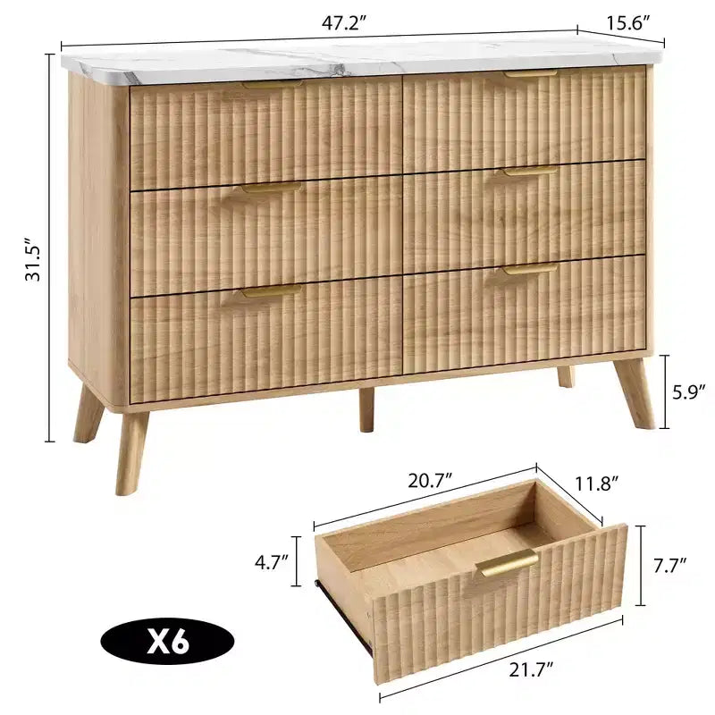 Fluted 6-Drawer Dresser, Wave Design Storage Cabinet with Particle Board and MDF Construction