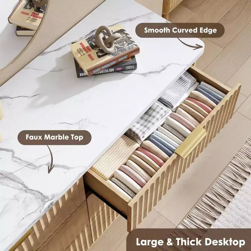 Fluted 6-Drawer Dresser, Wave Design Storage Cabinet with Particle Board and MDF Construction