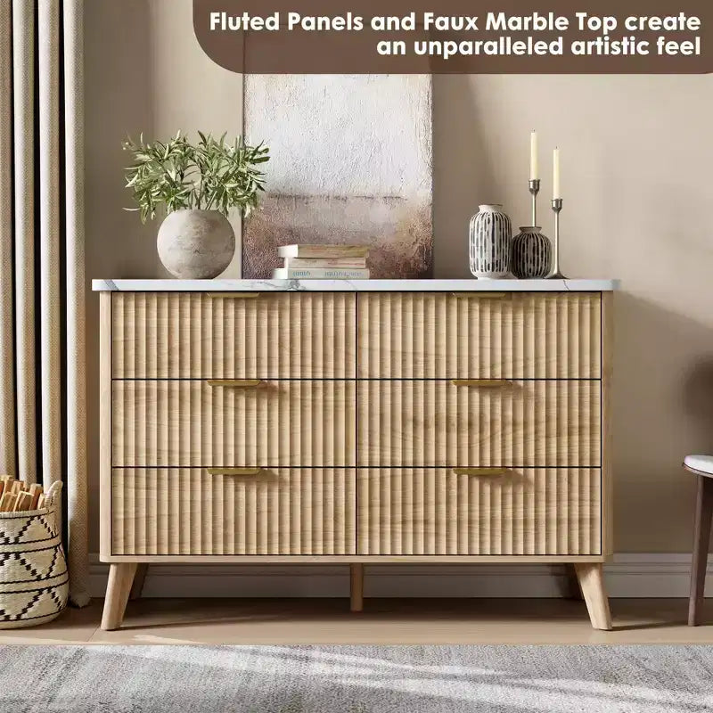 Fluted 6-Drawer Dresser, Wave Design Storage Cabinet with Particle Board and MDF Construction