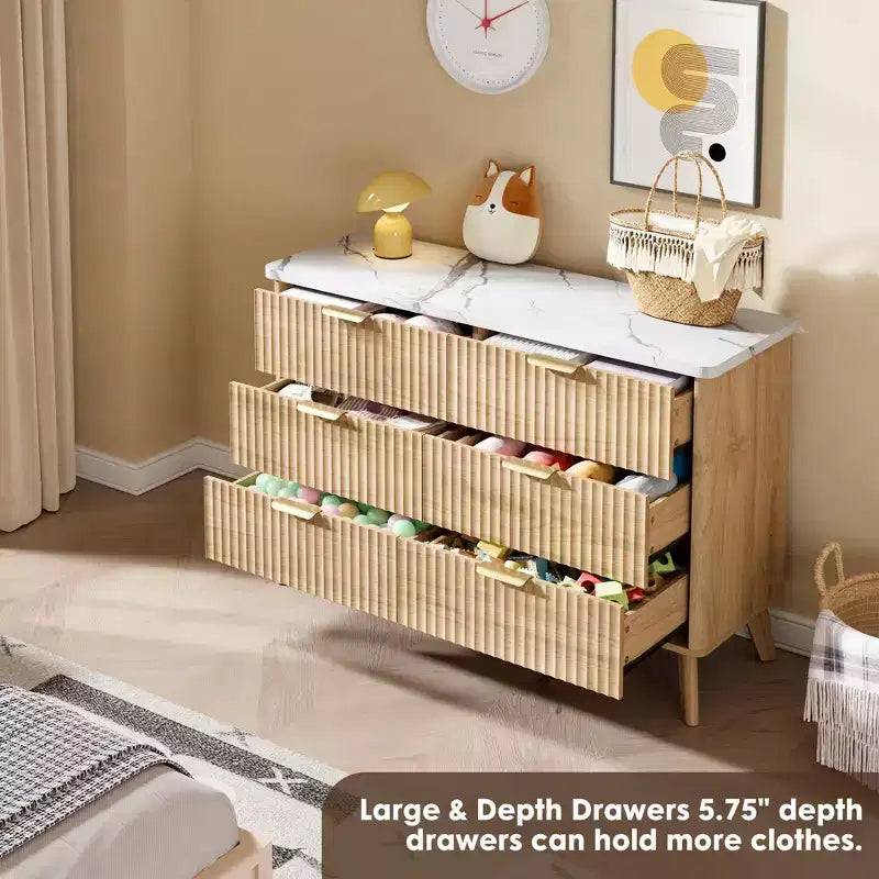 Fluted 6-Drawer Dresser, Wave Design Storage Cabinet with Particle Board and MDF Construction