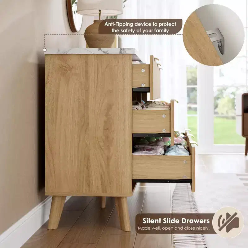 Fluted 6-Drawer Dresser, Wave Design Storage Cabinet with Particle Board and MDF Construction