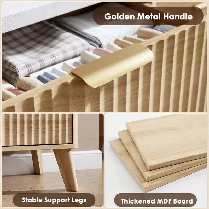 Fluted 6-Drawer Dresser, Wave Design Storage Cabinet with Particle Board and MDF Construction