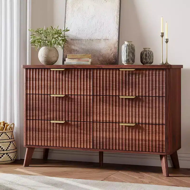 Fluted 6-Drawer Dresser, Wave Design Storage Cabinet with Particle Board and MDF Construction