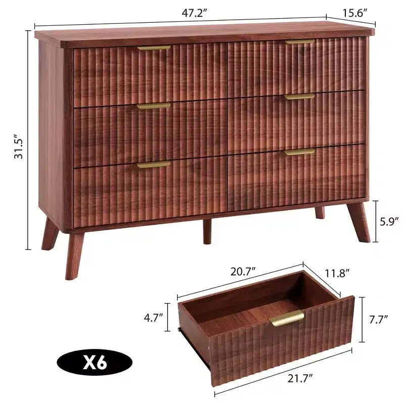 Fluted 6-Drawer Dresser, Wave Design Storage Cabinet with Particle Board and MDF Construction