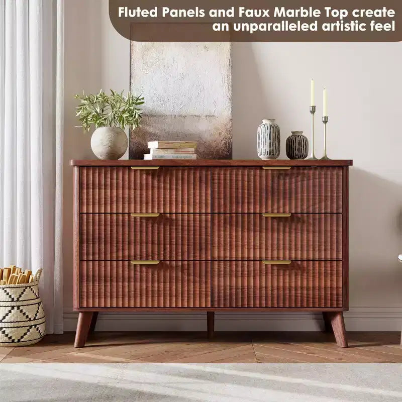 Fluted 6-Drawer Dresser, Wave Design Storage Cabinet with Particle Board and MDF Construction