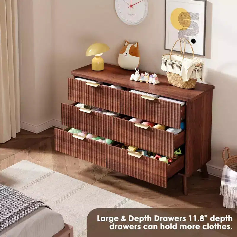 Fluted 6-Drawer Dresser, Wave Design Storage Cabinet with Particle Board and MDF Construction