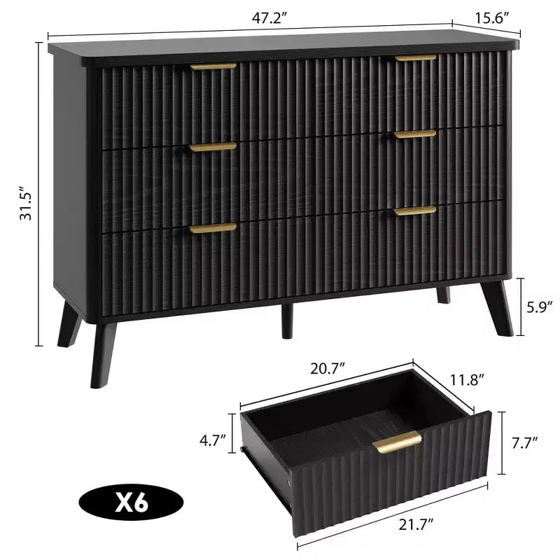 Fluted 6-Drawer Dresser, Wave Design Storage Cabinet with Particle Board and MDF Construction