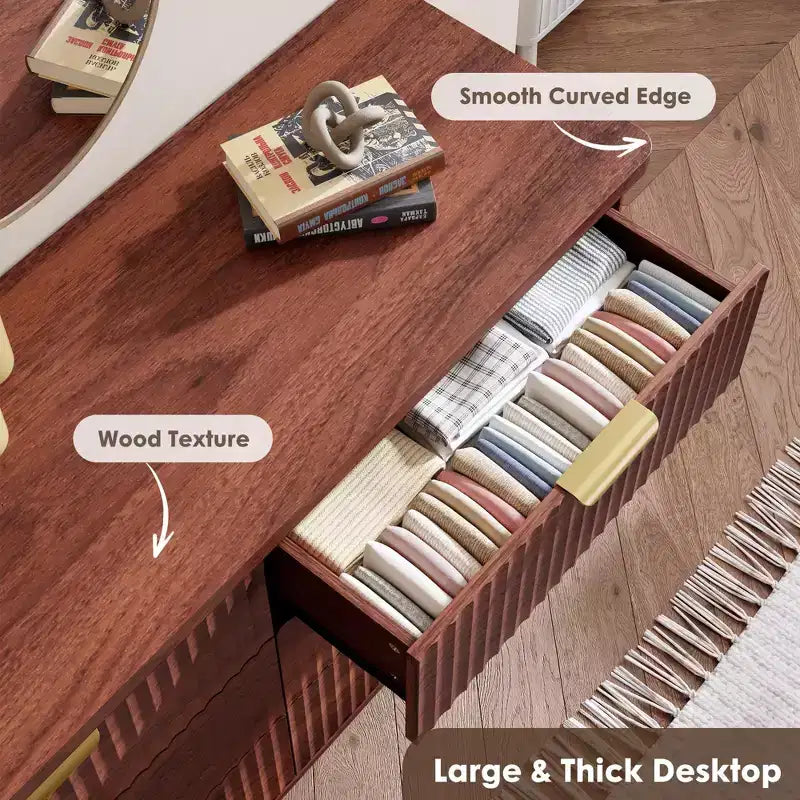 Fluted 6-Drawer Dresser, Wave Design Storage Cabinet with Particle Board and MDF Construction