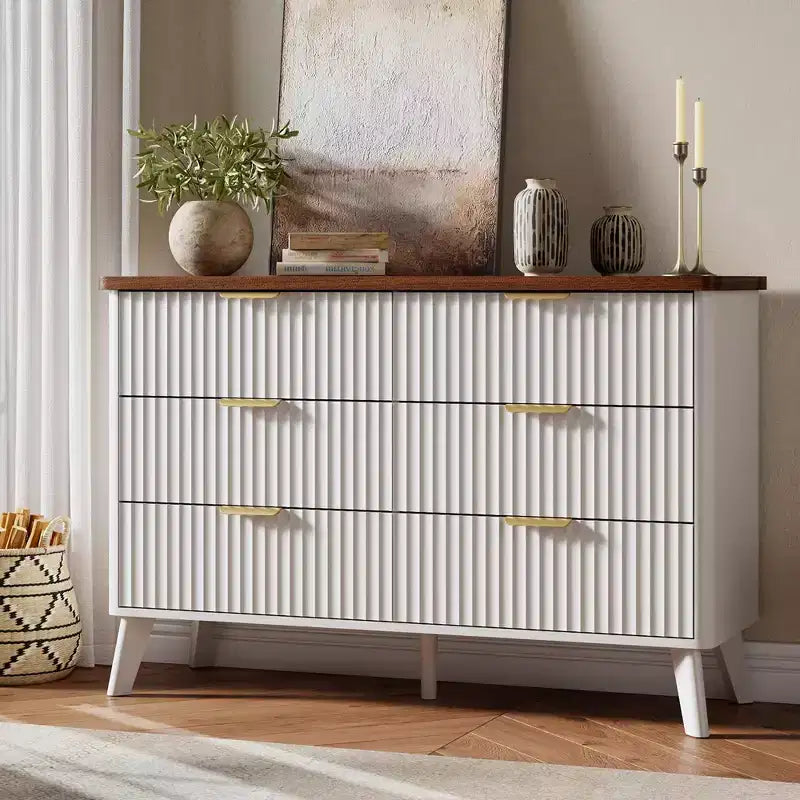 Fluted 6-Drawer Dresser, Wave Design Storage Cabinet with Particle Board and MDF Construction