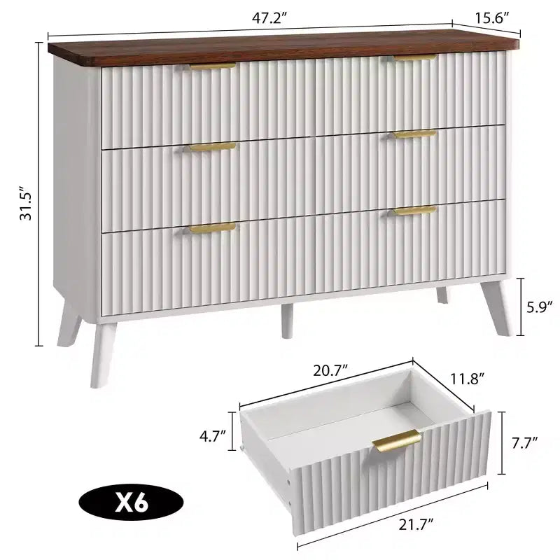 Fluted 6-Drawer Dresser, Wave Design Storage Cabinet with Particle Board and MDF Construction