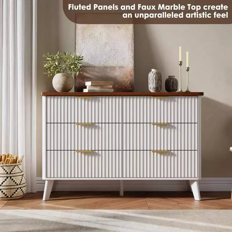 Fluted 6-Drawer Dresser, Wave Design Storage Cabinet with Particle Board and MDF Construction