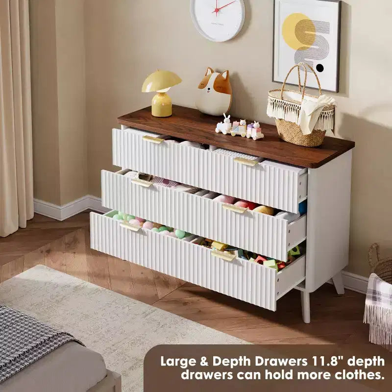Fluted 6-Drawer Dresser, Wave Design Storage Cabinet with Particle Board and MDF Construction